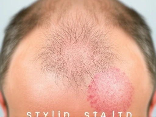 A close-up shot of a healthy scalp contrasted with areas showing signs of androgenetic alopecia (thinning hair, receding hairline) and an inflamed scalp with redness and flakes, emphasizing texture and detail for a medical context.