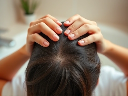 A close-up shot of hands gently massaging a scalp, showing blood circulation under healthy hair follicles, in a warm, relaxing bathroom setting, natural light, focusing on the therapeutic aspect of the massage.