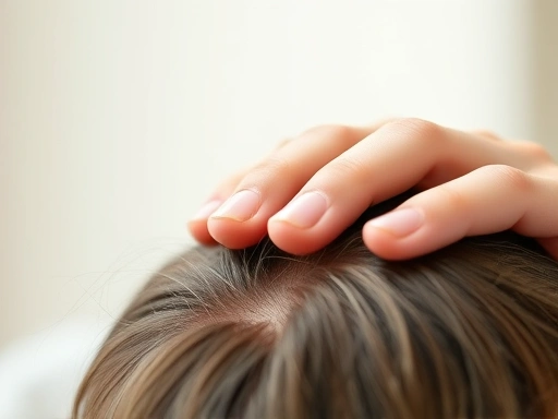 A detailed, macro shot of a person's fingertips gently stimulating the scalp, emphasizing the soft touch and the healthy texture of the hair and scalp, with a soothing, slightly blurred background that suggests relaxation.