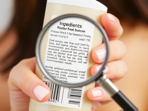Close-up of a hand holding a shampoo bottle, focusing on the ingredient list on the back, with a magnifying glass hovering over it, emphasizing detailed reading for health-conscious choices. Soft, natural lighting. SEO keywords: shampoo ingredients, read label, safe hair care, chemical avoidance.