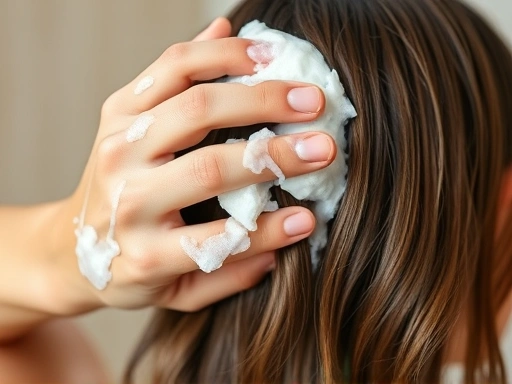 A person gently massaging their scalp with lathered shampoo, showing healthy, shiny hair. The background is blurred, focusing on the action of proper hair washing for a healthy scalp. Soft, warm lighting, natural hair texture. SEO keywords: healthy scalp, natural shampoo, hair care routine, gentle washing.