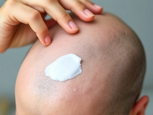 A close-up image showing a person applying a gentle, non-irritating sunscreen or a soft hat on their scalp after scalp micropigmentation. The focus is on the delicate care required for SMP maintenance, emphasizing sun protection and longevity of the treatment. SEO keywords: SMP aftercare, scalp maintenance, sun protection, long-term care.