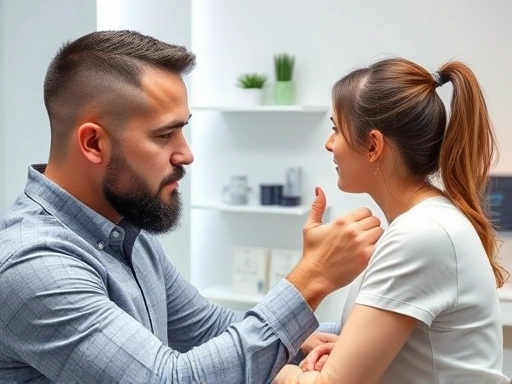 A detailed image of a scalp micropigmentation consultation process with a male client and a female practitioner discussing hairline design, with focus on accurate mapping and realistic expectations. The scene is in a modern, clean clinic. SEO keywords: scalp micropigmentation, SMP process, consultation, hairline design.