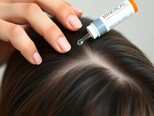 A close-up shot of a woman's hand gently applying a topical minoxidil solution to her scalp, focusing on the precision of application and the texture of her hair roots, highlighting the self-care aspect of hair loss treatment.