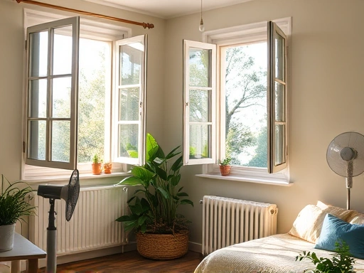 A cozy studio apartment with open windows, sunlight streaming in, a few green plants, and a small fan, emphasizing fresh air and natural light.