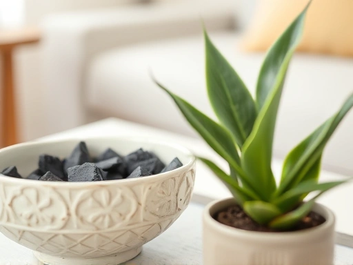 Close-up of a decorative bowl with charcoal pieces or a small potted Sansevieria plant, showing a natural humidity absorber in a neat home setting.