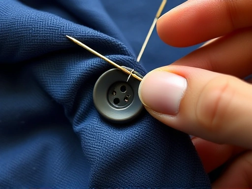 A detailed shot of a hand threading a needle to sew a button onto a fabric, with a thimble on the finger, highlighting the precision of the sewing process for clothes repair and maintenance.