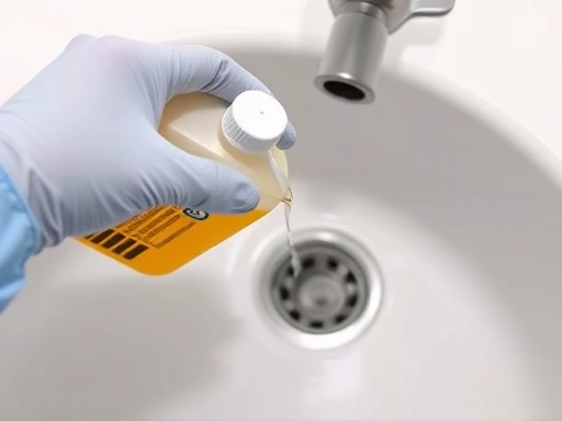 Close-up of a hand wearing protective gloves, carefully pouring a small amount of liquid drain cleaner into a bathroom sink drain, with steam slightly rising. Focus on safety and precision.