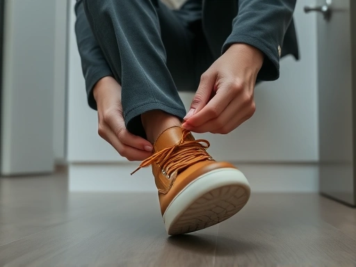 Close-up of a person confidently tying their shoe and checking their neat outfit in front of a mirror, preparing for a blind date with a positive mindset.