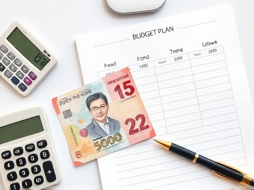 A detailed flat lay of a monthly budget plan, with a small stack of Korean Won banknotes, a calculator, a pen, and a notebook with categories like food, housing, transport, and leisure written down, emphasizing frugal living and financial planning.