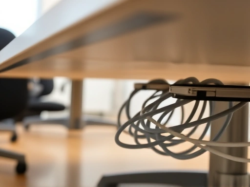 A close-up shot focusing on neatly organized cables under an office desk, using cable ties and sleeves to hide them. The scene emphasizes cleanliness and efficient space utilization in a modern workspace, with a hint of organized equipment.