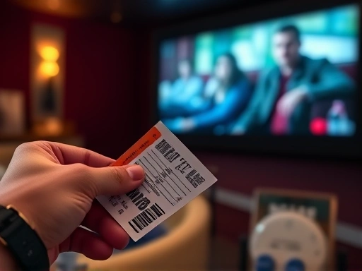 Close-up of hands holding a movie ticket or a remote control, with a blurred background of a film playing on a screen. Focus on interaction and a detailed, engaging element, including 