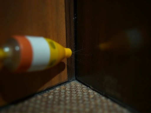 Close-up of a cockroach gel bait being applied to a narrow crack in a dark kitchen corner, focusing on the detail of the bait and the small opening, realistic texture.