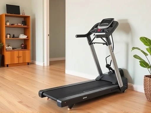 Close-up of a compact, foldable treadmill or exercise bike neatly stored against a wall in a multi-purpose room, emphasizing its space-saving design and ease of storage. Highlight minimalist home gym equipment.
