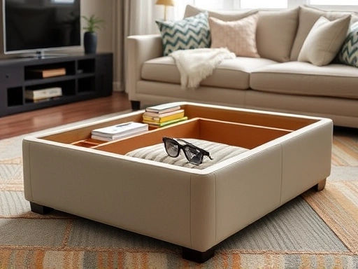 Close-up of a cleverly designed storage ottoman that doubles as a coffee table in a small studio apartment, showcasing its hidden compartments and clean lines.