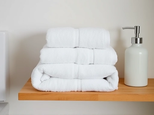 Close-up of a neatly folded stack of thick, white hotel-style towels on a simple wooden shelf in a clean bathroom, next to a matching, minimalist dispenser bottle.