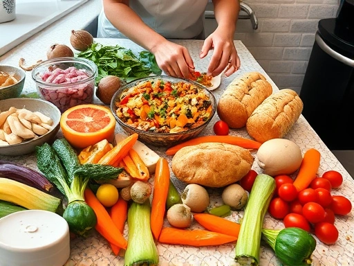 A vibrant kitchen counter filled with various colorful leftover ingredients like vegetables, cooked chicken, and bread, with a person's hands creatively arranging them for a new dish, bright lighting, focus on food.