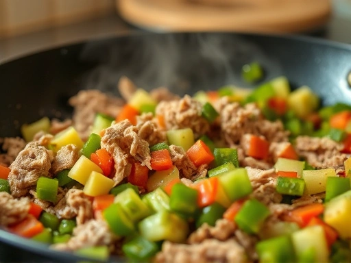 Close-up of a pan sizzling with chopped leftover vegetables and some shredded meat, being stir-fried, steam rising, selective focus on the ingredients, warm kitchen ambiance.