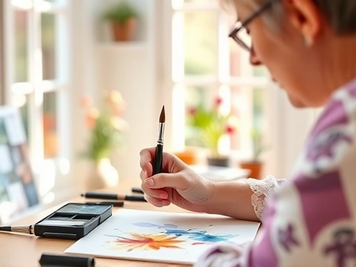 A person happily drawing with watercolors in a peaceful, sunlit studio, surrounded by vibrant colors, symbolizing creative stress relief, focus on the hands and colorful details, expressive. 