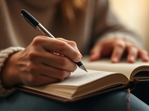 Close-up of a person's hands gently holding a pen and writing in a journal, with soft, warm light, emphasizing mindfulness and self-reflection, quiet atmosphere.