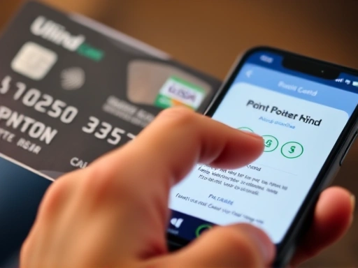 A close-up shot of a credit card with digital numbers representing accumulated points, showing a hand tapping on a smartphone with a credit card app interface for point redemption, focusing on the convenience and digital management.