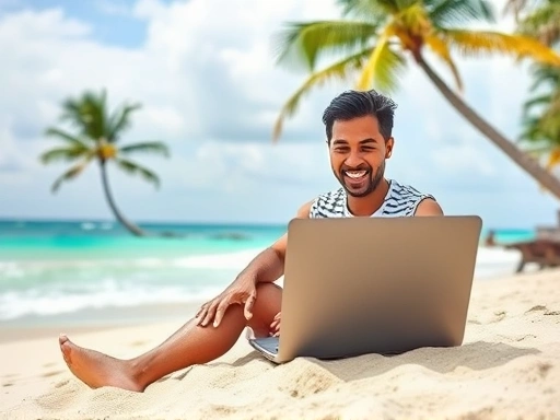 A person happily working on a laptop on a beach, with palm trees and ocean in the background, symbolizing freedom and remote work, illustrating the digital nomad lifestyle.