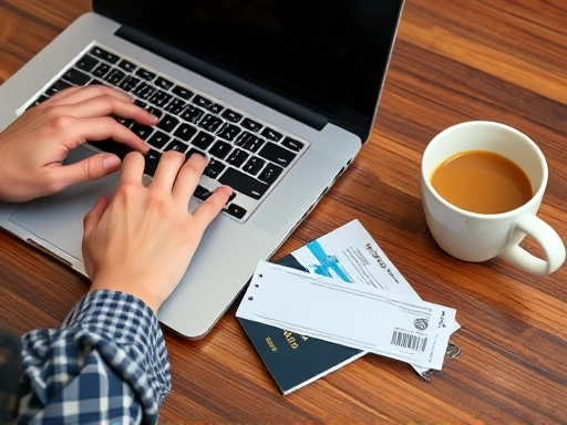 Close-up of hands typing on a laptop keyboard, with a passport, plane ticket, and coffee cup on a wooden table, representing preparation and mobility for a digital nomad journey.