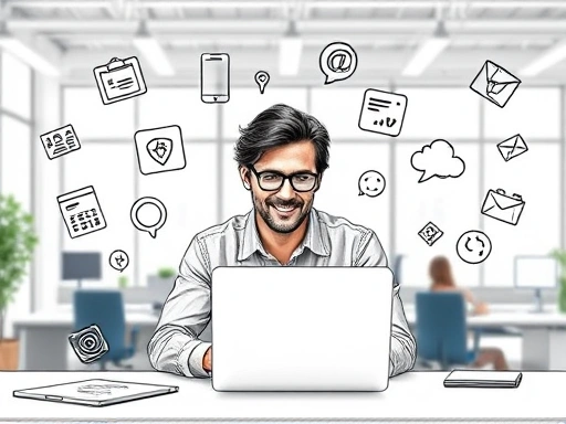 A detailed illustration of a person confidently working on a laptop surrounded by various floating digital tool icons (project management, communication, cloud storage) representing increased work efficiency in a modern office setting, bright and organized.