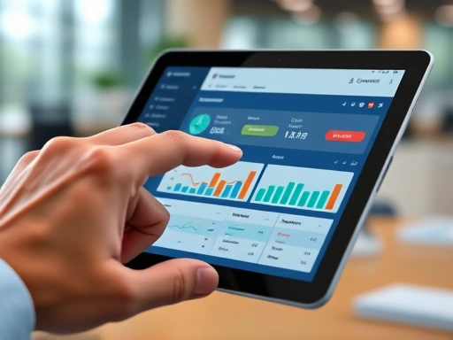 A close-up shot of a hand interacting with a tablet displaying a sleek project management dashboard, with blurred office background, symbolizing streamlined workflow and improved productivity through digital tools.