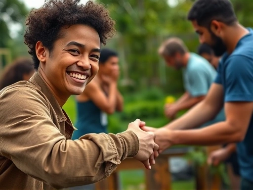 Close-up of a person smiling warmly while shaking hands with another individual in a community garden, surrounded by people happily interacting and collaborating on a shared project, conveying genuine connection and support.