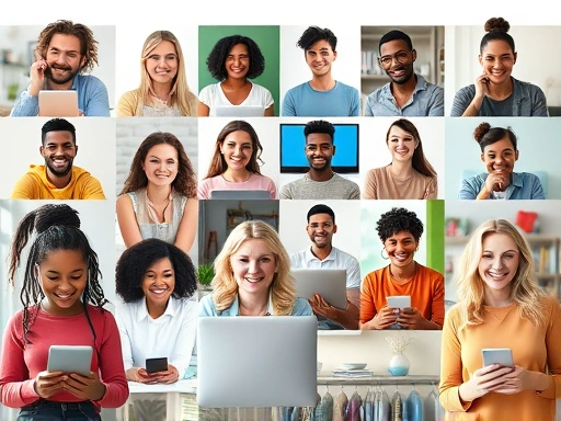 A diverse group of people from different backgrounds interacting virtually on various digital devices, showing a sense of connection and community. The scene is bright and friendly, emphasizing safe online interaction.
