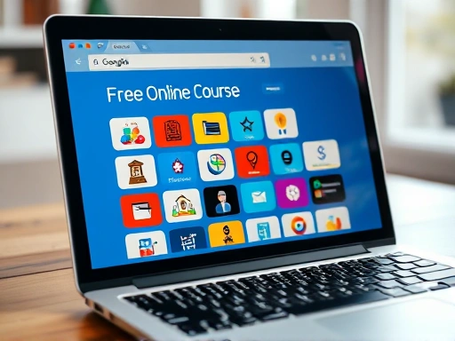 A close-up shot of a laptop screen displaying a free online course interface, with diverse icons representing different academic subjects and digital learning tools, emphasizing accessibility and knowledge.