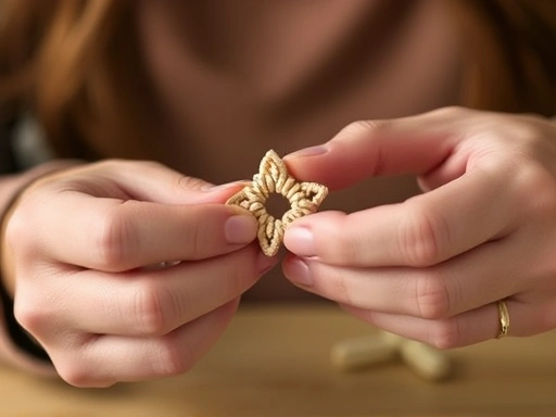 Close-up of hands crafting a small, intricate DIY item, possibly macrame or a beaded accessory, showing fine detail and focused effort.