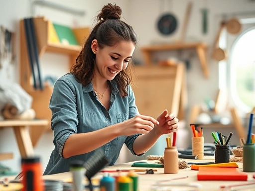 A person happily working on a DIY project in a bright workshop, surrounded by various tools and colorful materials, highlighting creativity and hands-on work.