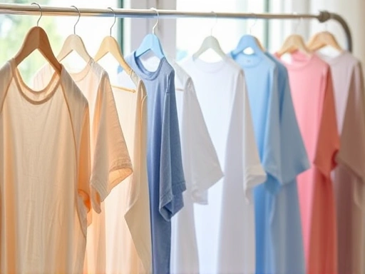 Close-up of neatly hung, hand-washed clothes drying on a portable clothes rack near a window, with soft light, showing textures of fabric and a sense of fresh air. SEO keywords: drying clothes, laundry tips, effective drying.