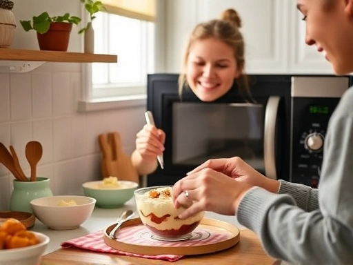 A cozy kitchen scene with a person happily making a no-bake dessert using a microwave and simple kitchen tools, soft natural light, vibrant colors, close-up on hands mixing ingredients.
