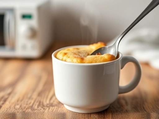 A close-up shot of a beautifully presented microwave mug cake with a spoon, steam gently rising, on a rustic wooden table, shallow depth of field, warm lighting.