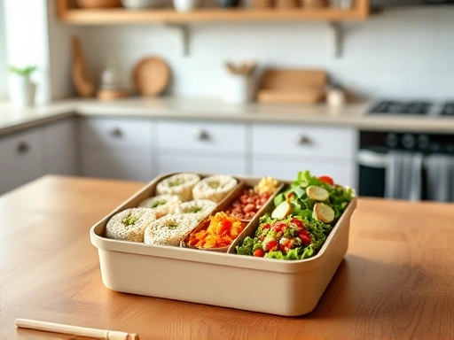 A neatly arranged bento box on a wooden table, featuring colorful and healthy ingredients like rice balls, mini sandwiches, and fresh salads, in a well-lit kitchen setting.