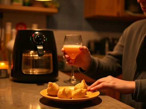A cozy, warm kitchen scene at night, a person enjoying simple, homemade solo drinking snacks. Focus on the ambiance of relaxation and ease. Include elements like an air fryer, a small plate of crispy dumplings, and a glass of beer. Use soft, warm lighting. SEO keywords: solo drinking, easy snacks, air fryer, relaxed evening.