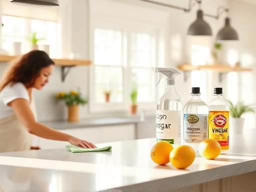 A bright, modern kitchen filled with natural light, featuring eco-friendly cleaning supplies like baking soda, vinegar, and lemons. A person is gently wiping a countertop.