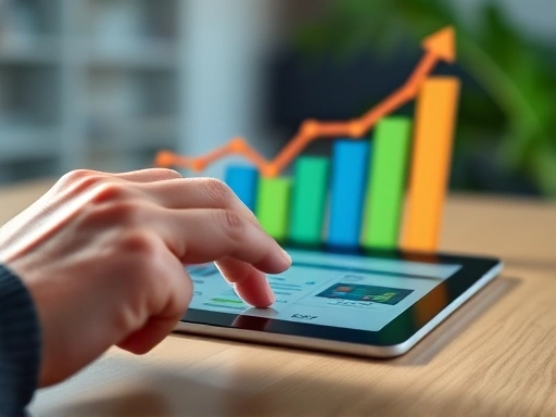 A close-up shot of a hand using a project management software interface on a tablet, with a stylized graph indicating personal progress and self-discipline in the background, conveying efficiency and control.