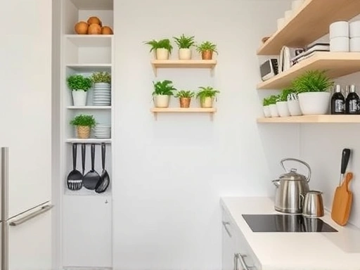 A clean, modern small kitchen showing clever vertical storage, wall-mounted shelves with herbs, and neatly organized counter space, focusing on efficiency and minimalist design.