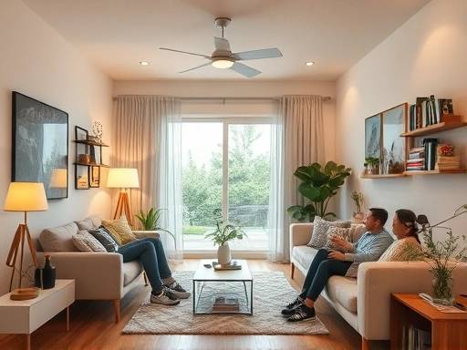 A modern home interior with smart energy-saving devices, people actively conserving power, showing clear reduction in electricity usage, vibrant and positive atmosphere.