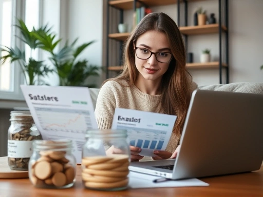 A confident young woman diligently reviewing financial statements and managing her budget on a laptop, with a separate savings jar in the foreground, set in a modern, cozy apartment. Focus on organization and financial clarity.
