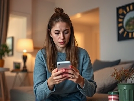 A concerned young woman living alone, looking at her smartphone during a simulated emergency in a modern apartment, showing preparedness and calm.