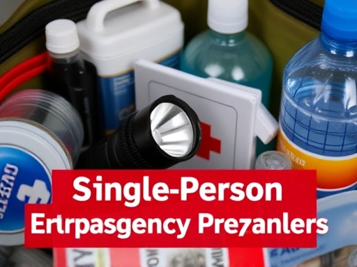 Close-up of an emergency kit with essentials like a flashlight, first-aid supplies, and water, symbolizing single-person household emergency preparedness.