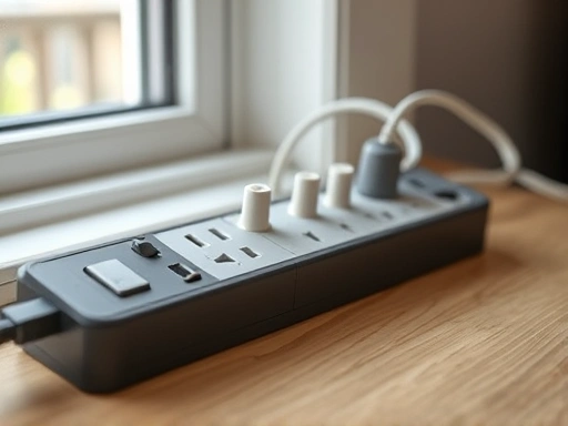 Close-up shot of a smart power strip with multiple plugs, some unplugged, next to a window with natural light, symbolizing energy conservation and awareness for utility bill savings in a household.
