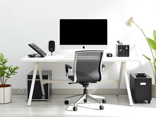 A clean, modern office desk with an ergonomic setup, showing a monitor at eye level, a comfortable chair, and organized peripherals, emphasizing productivity and well-being. Focus on natural light and a minimalist aesthetic with efficient equipment arrangement.