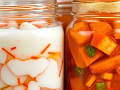 Close-up of clear glass jars filled with colorful homemade fermented foods, including bubbling kimchi and creamy yogurt, highlighting textures and freshness.