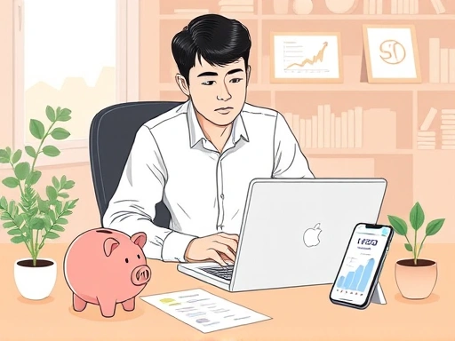 A detailed illustration of a person sitting at a desk, looking at a laptop with financial charts and graphs, surrounded by a piggy bank, a mobile phone showing a banking app, and a small plant, conveying financial planning and growth in a modern, organized setting. Focus on clear visuals of financial elements.